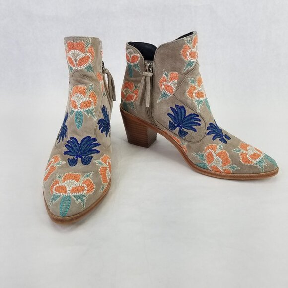 Rebecca Minkoff Lulu Too Booties 9.5 Grey Suede Floral Embroidered Ankle Zip Up - Picture 1 of 16